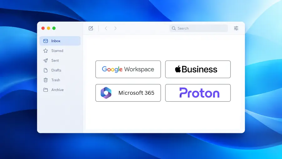 An email inbox featuring the logos of four major email exhange providers, Google Workspace, Apple Business, Microsoft 365, and Proton